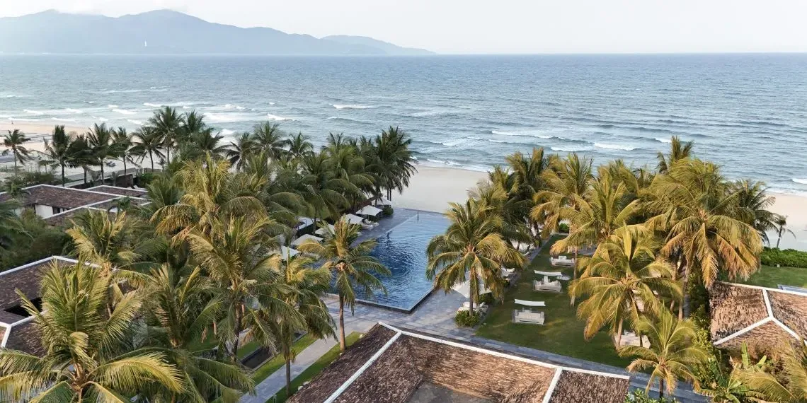 palm trees with a pool and a ocean view