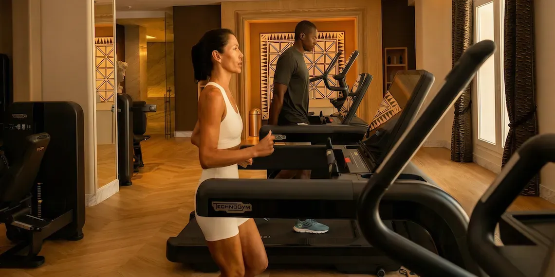 man and woman on a treadmill in a luxury gym