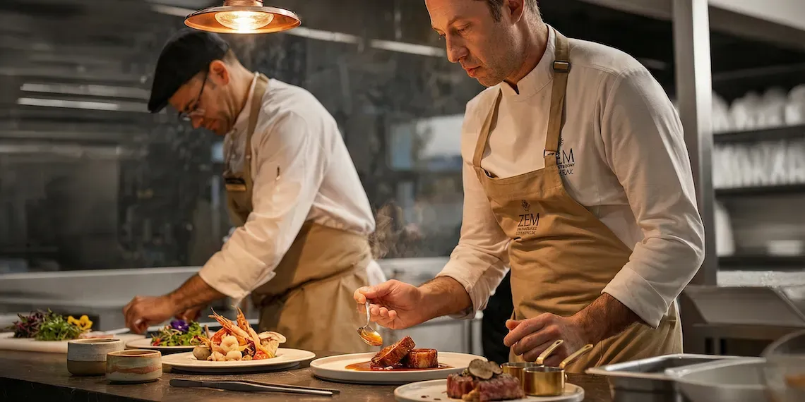 chef serving a plate with meat on it and sous chef preparing vegetables