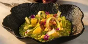 plate with food, risotto and vegetables and flowers